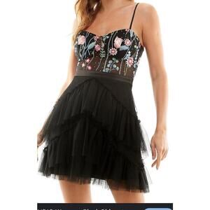 City Studio Black Rhinestone Tiered Sheer Dress, Womens size 1